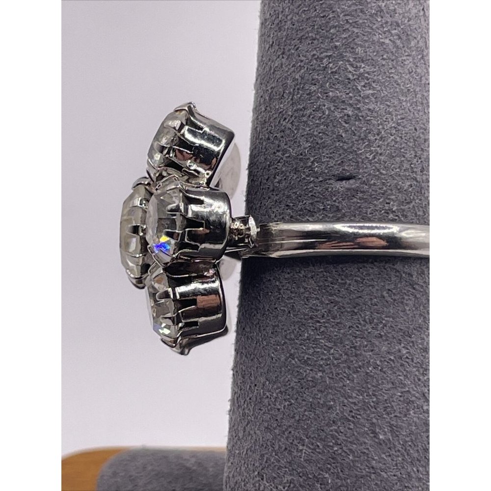 Vintage Clear Rhinestone Prong Set Adjustable Flower‎ Ring Silver Tone 3D Floral - Picture 7 of 15